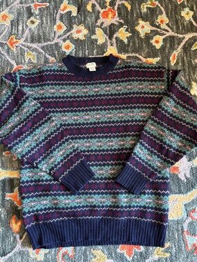 Classic Crewneck Fair Isle Sweater in Navy and Teal vintage 1990s